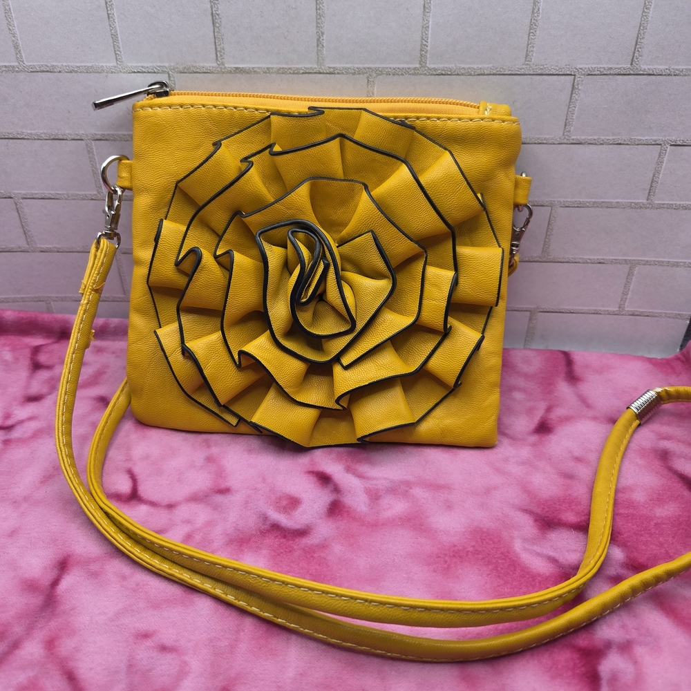 Yellow Faux Leather Floral Crossbody Bag